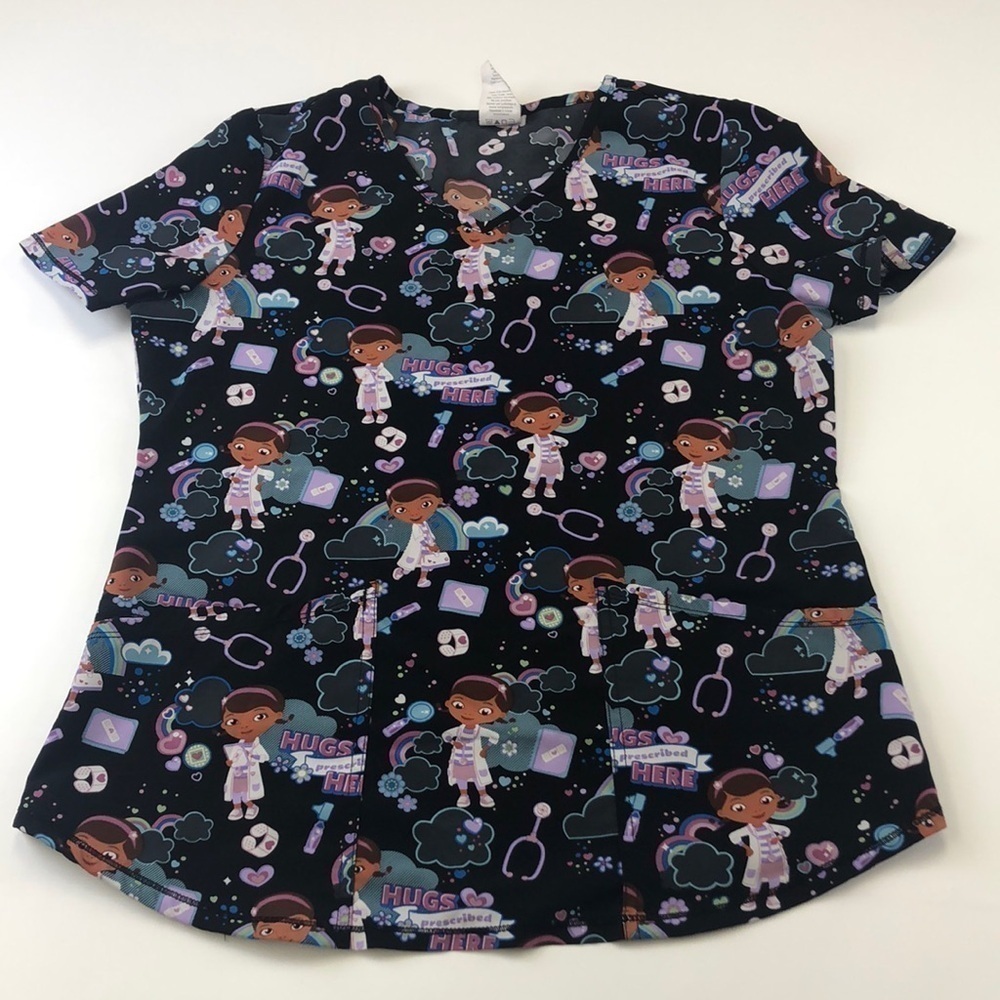Disney cartoon girl short sleeve scrubs black and brights print Small
